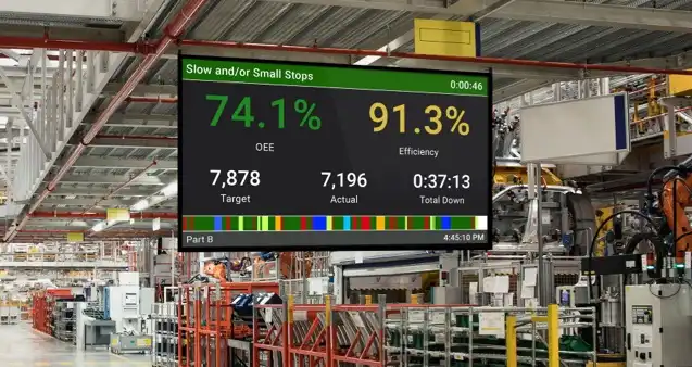 Vorne XL scoreboard on a factory floor