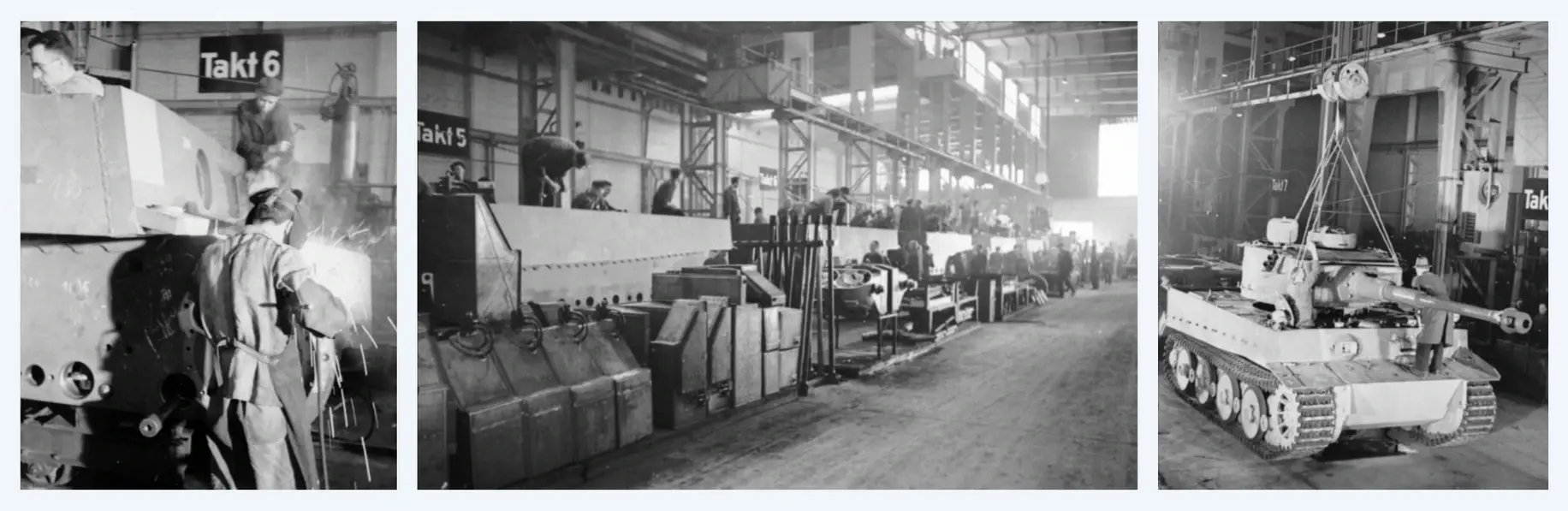 Photos of Tiger tanks being produced to takt time at the Henschell und Sohn factory.